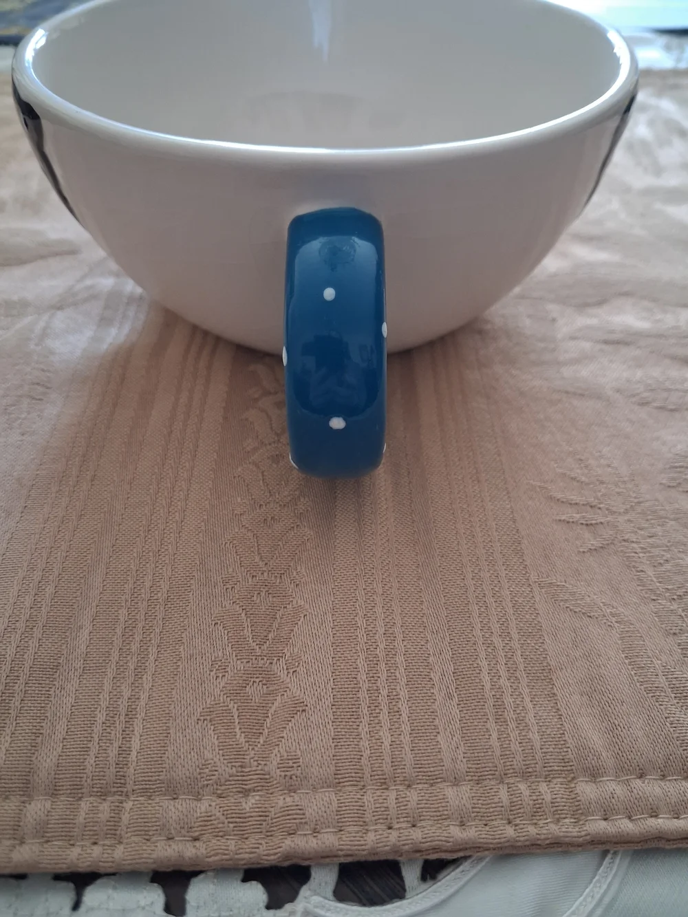 White Ceramic Double Dip Bowl with Blue Handle and Black Accent - Picture 5 of 6